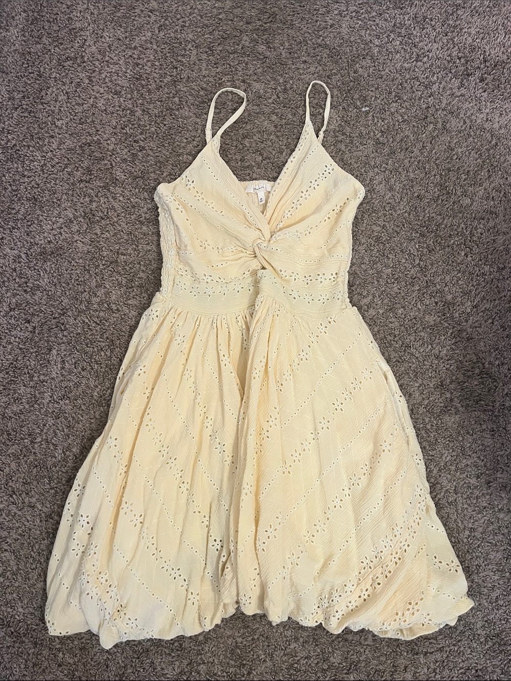 Twist-Front Pale Yellow Eyelet Mini Dress